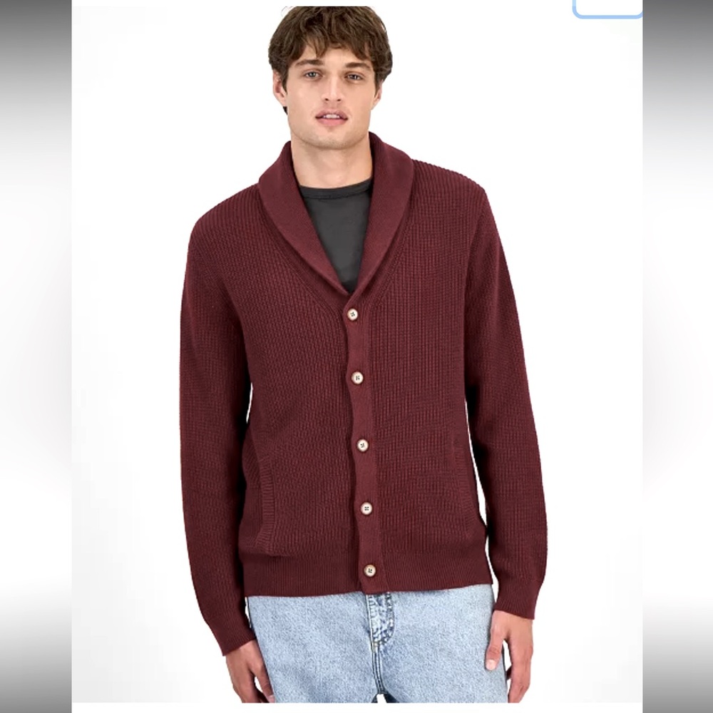 Sun + Stone Men’s Ribbed Button Down Cardigan with Shawl Collar in Plum